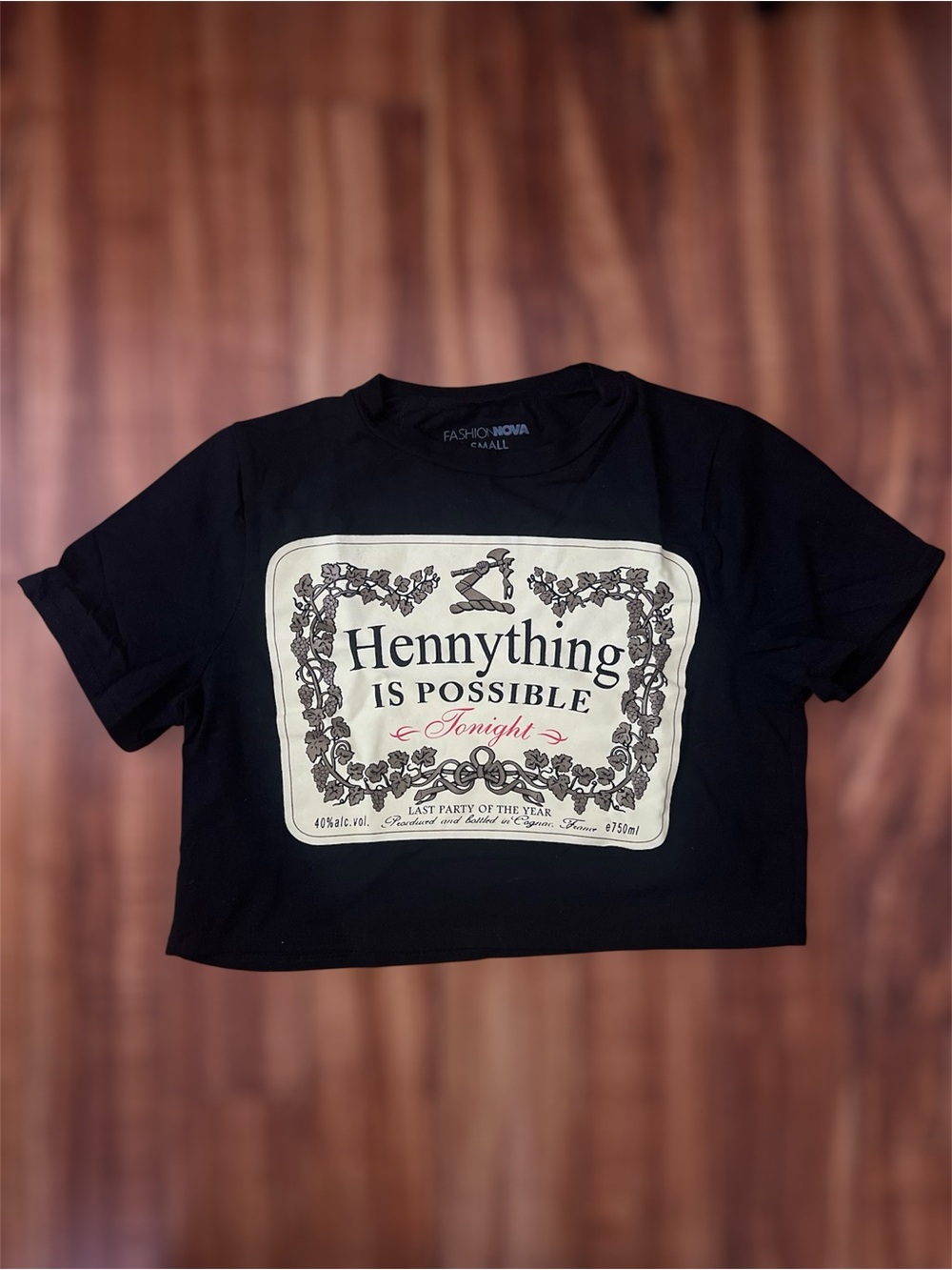 Fashion Nova Black Graphic Crop Tee with Cream Label Print